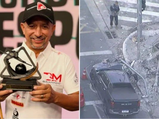 Influenciador Baianinho de Mauá sofre acidente de carro em São Paulo Imagem do local do acidente envolvendo o influenciador Baianinho de Mauá em São Paulo, após colisão de caminhonete contra poste de iluminação, mostrando o veículo e destroços nas proximidades.