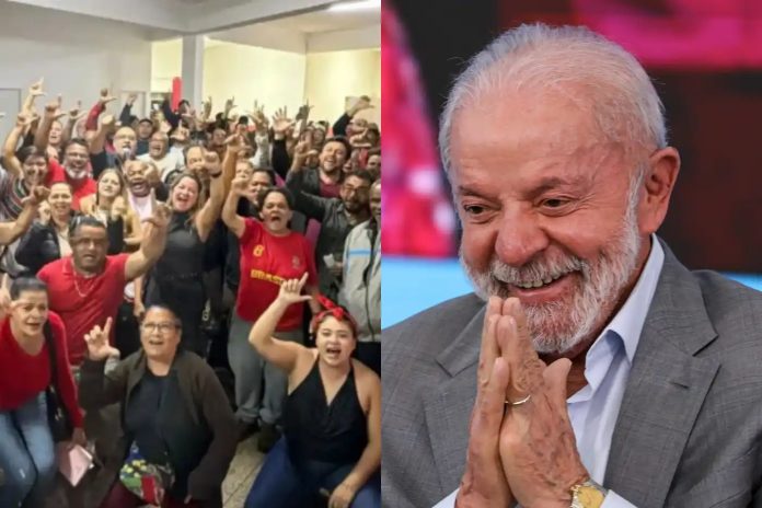 Apoio do Partido dos Trabalhadores em Carapicuíba à reeleição do presidente Luiz Inácio Lula da Silva, com grupo de pessoas reunidas à esquerda e imagem de Lula à direita