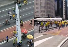 Manifestantes pró-Flávio Bolsonaro pedem ataque nuclear dos EUA no Brasil durante ato em São Paulo Manifestantes exibem míssil inflável com frase pedindo ataque nuclear durante ato na Avenida Paulista
