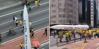 Manifestantes pró-Flávio Bolsonaro pedem ataque nuclear dos EUA no Brasil durante ato em São Paulo Manifestantes exibem míssil inflável com frase pedindo ataque nuclear durante ato na Avenida Paulista