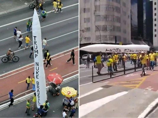 Manifestantes pró-Flávio Bolsonaro pedem ataque nuclear dos EUA no Brasil durante ato em São Paulo Manifestantes exibem míssil inflável com frase pedindo ataque nuclear durante ato na Avenida Paulista