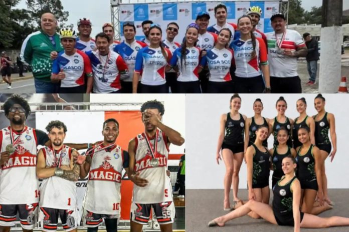 Atletas representando Osasco nas modalidades de ciclismo, basquete 3x3 masculino e ginástica rítmica durante competições esportivas locais.