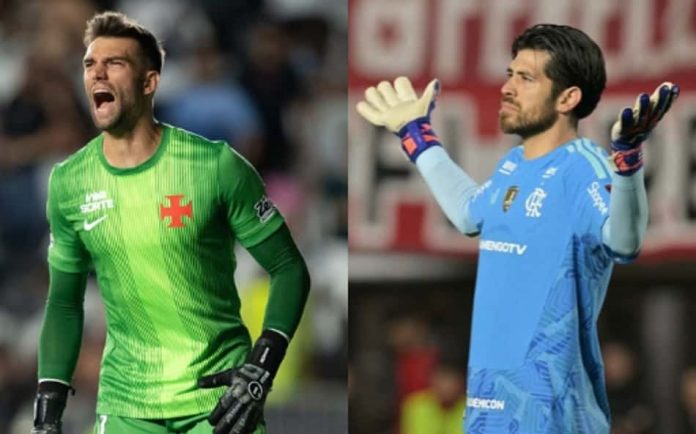 expresso-51882dbe84abcebaadcaf4cd Léo Jardim e Agustín Rossi, goleiros de Vasco e Flamengo, respectivamente, em ação durante partidas recentes.