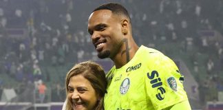Leila Pereira destaca apoio da torcida e jubileia vaga na final da Libertadores pelo Palmeiras Leila Pereira e o goleiro Carlos Miguel celebram a vaga na final da Libertadores