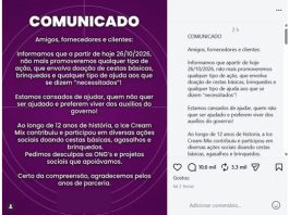 Empresa de sorvetes interrompe doações após críticas e associação com contexto político Captura da publicação nas redes sociais da sorveteria Ice Cream Mix Sorvetes anunciando a suspensão das doações de cestas básicas e outros itens.