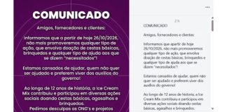 Empresa de sorvetes interrompe doações após críticas e associação com contexto político Captura da publicação nas redes sociais da sorveteria Ice Cream Mix Sorvetes anunciando a suspensão das doações de cestas básicas e outros itens.