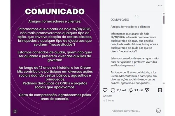 expresso-abb248a520fd7aa5afe86cc6 Captura da publicação nas redes sociais da sorveteria Ice Cream Mix Sorvetes anunciando a suspensão das doações de cestas básicas e outros itens.