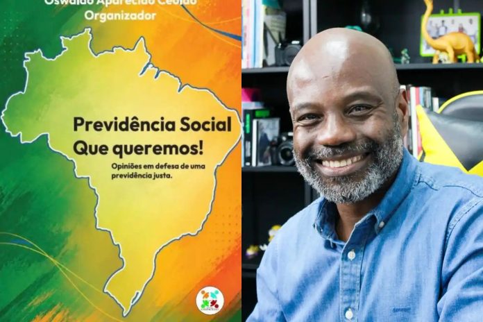 Capa do livro 'Previdência Social que queremos' e foto de divulgação de Marcos Agostinho, coautor da obra, em local relacionado à pesquisa e publicação.