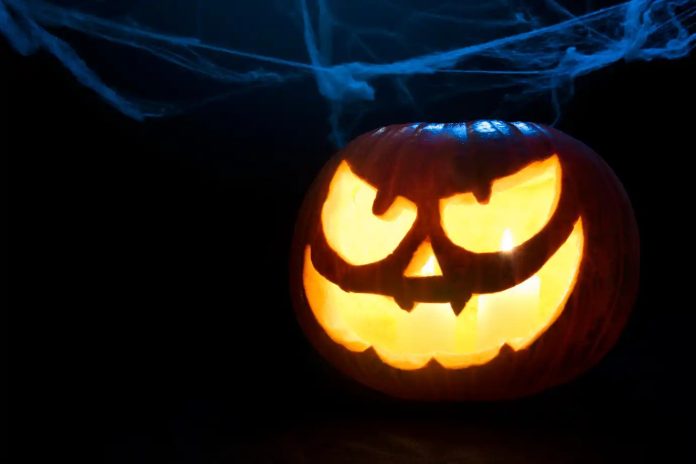 expresso-bef4b0fa8737b06c6fec670b Abóbora de Halloween iluminada com decoração de teias de aranha ao fundo, simbolizando o clima do evento temático no Centro Comercial Alphaville, Barueri.