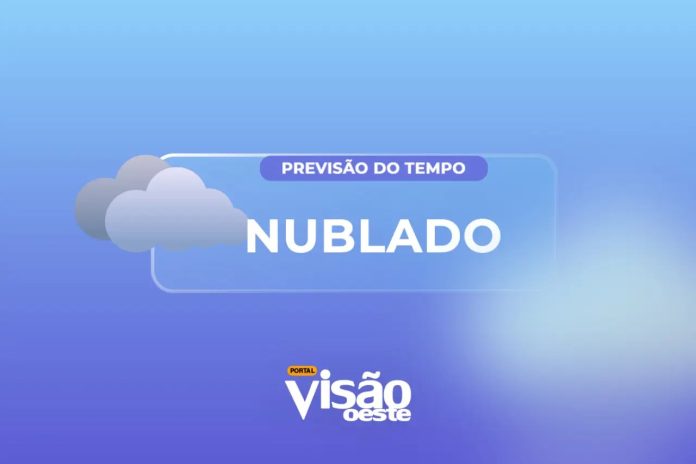 Ilustração gráfica indicando previsão do tempo nublado para Osasco.
