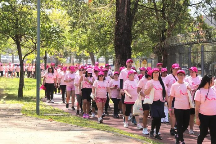 Participantes da Caminhada Rosa vestindo camisetas e bonés cor de rosa, caminhando no Parque Municipal Dom José em Barueri