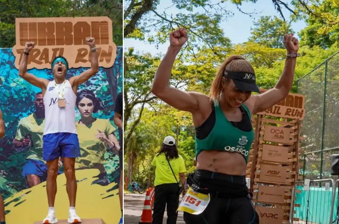 Dois atletas osasquenses comemoram durante a 2ª etapa do Urban Trail Run, realizada em outubro de 2026 na Serra da Cantareira.
