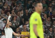 Palmeiras sai na frente na semifinal da Libertadores com vitória sobre Fluminense no Maracanã Jogador do Palmeiras comemora gol durante partida contra o Fluminense no estádio do Maracanã, com torcedores do Fluminense ao fundo e goleiro Fábio em primeiro plano.